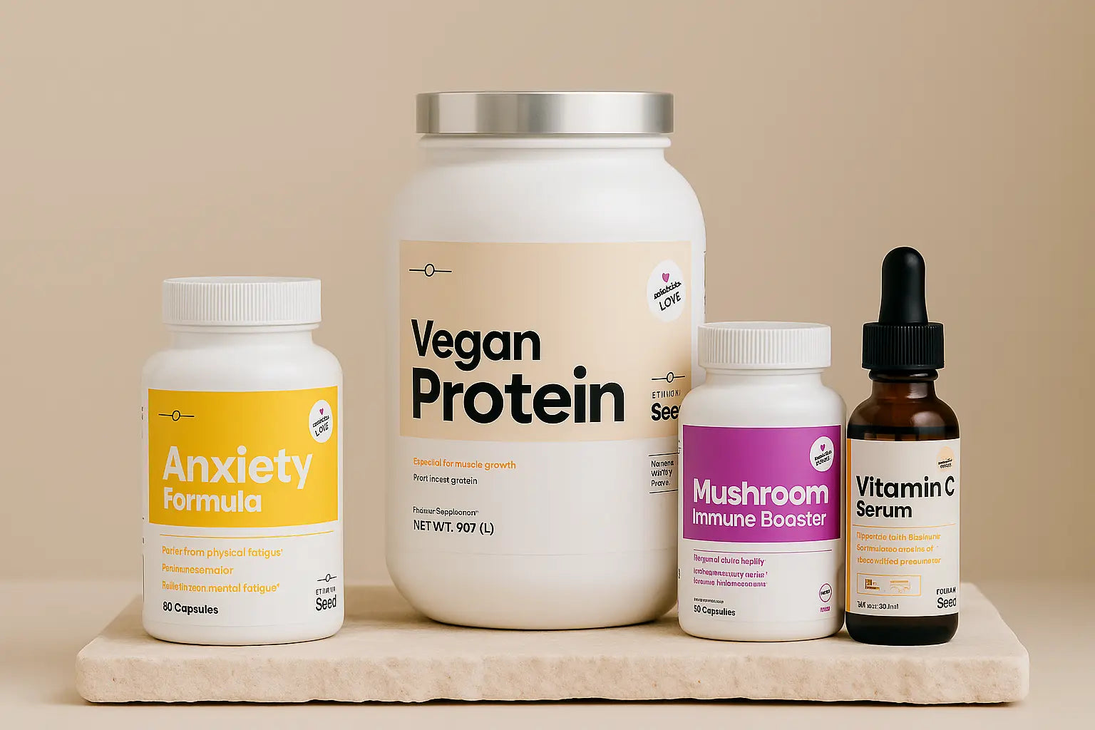 Collection of health and wellness products including a vegan protein container, anxiety formula supplement, mushroom immune booster, and vitamin C serum on a beige background.